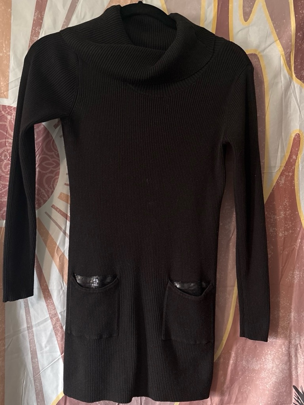 AB Studio Black Cowl Neck Ribbed Sweater Dress